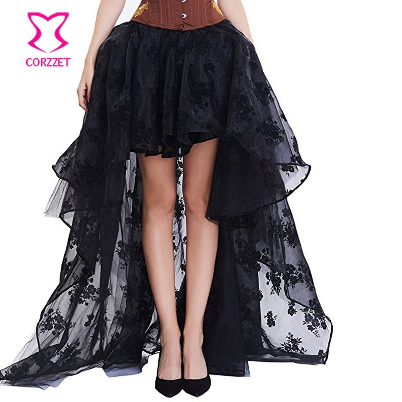 Summer Victorian Clothing - Siyah çiçek şifon ön kısa arka