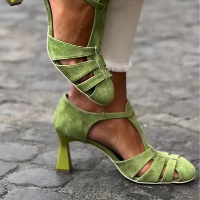 Summer Clothing Collection - Kadın Yeşil Süet Kitten Topuklu T-Askılı