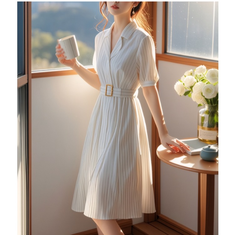 Summer Line Clothing Brand - Yüksek Bel Çizgili Elbise Zayıflatıcı Yaz