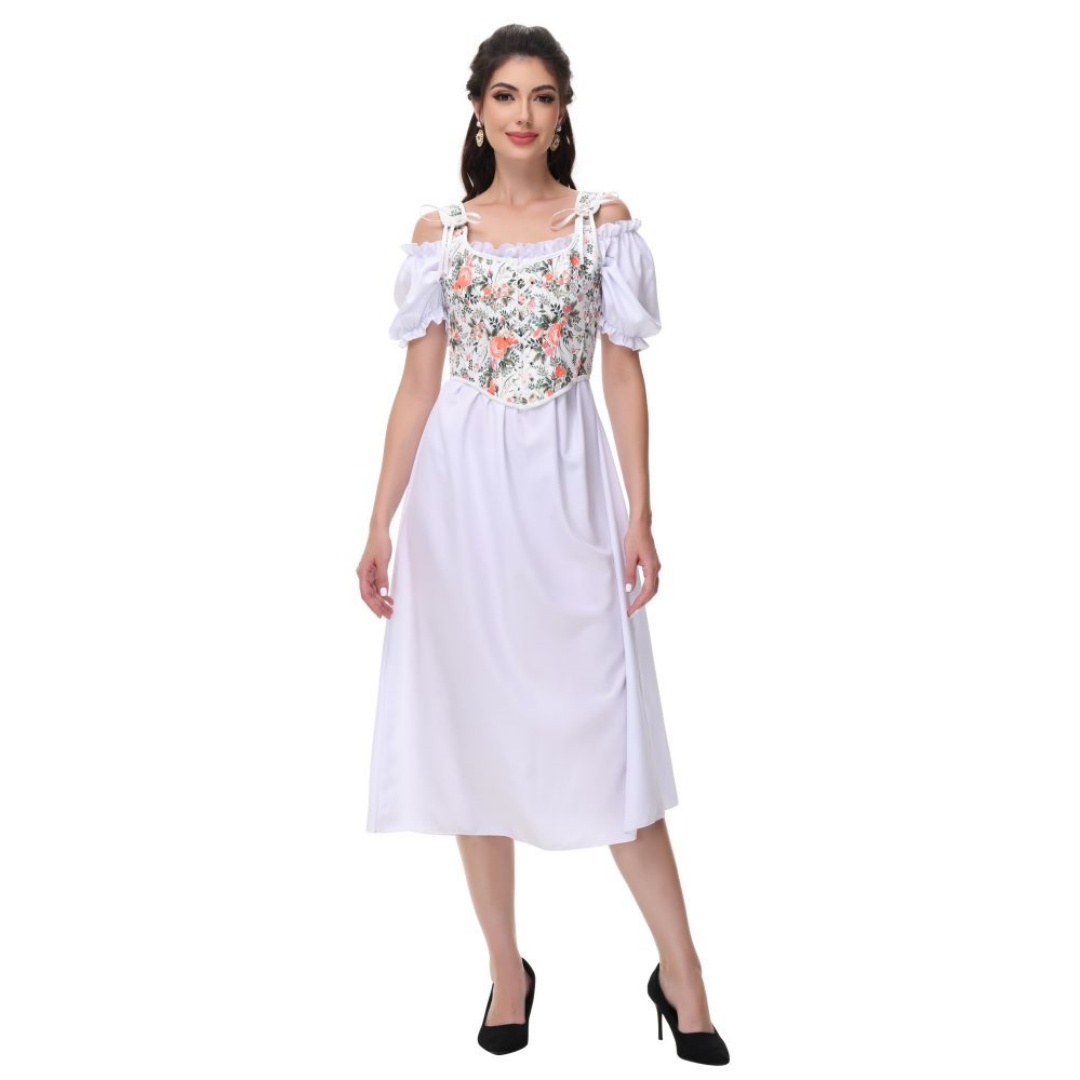 Summer Victorian Clothing - Yaz Beyaz Pamuk Katı Slash Boyun