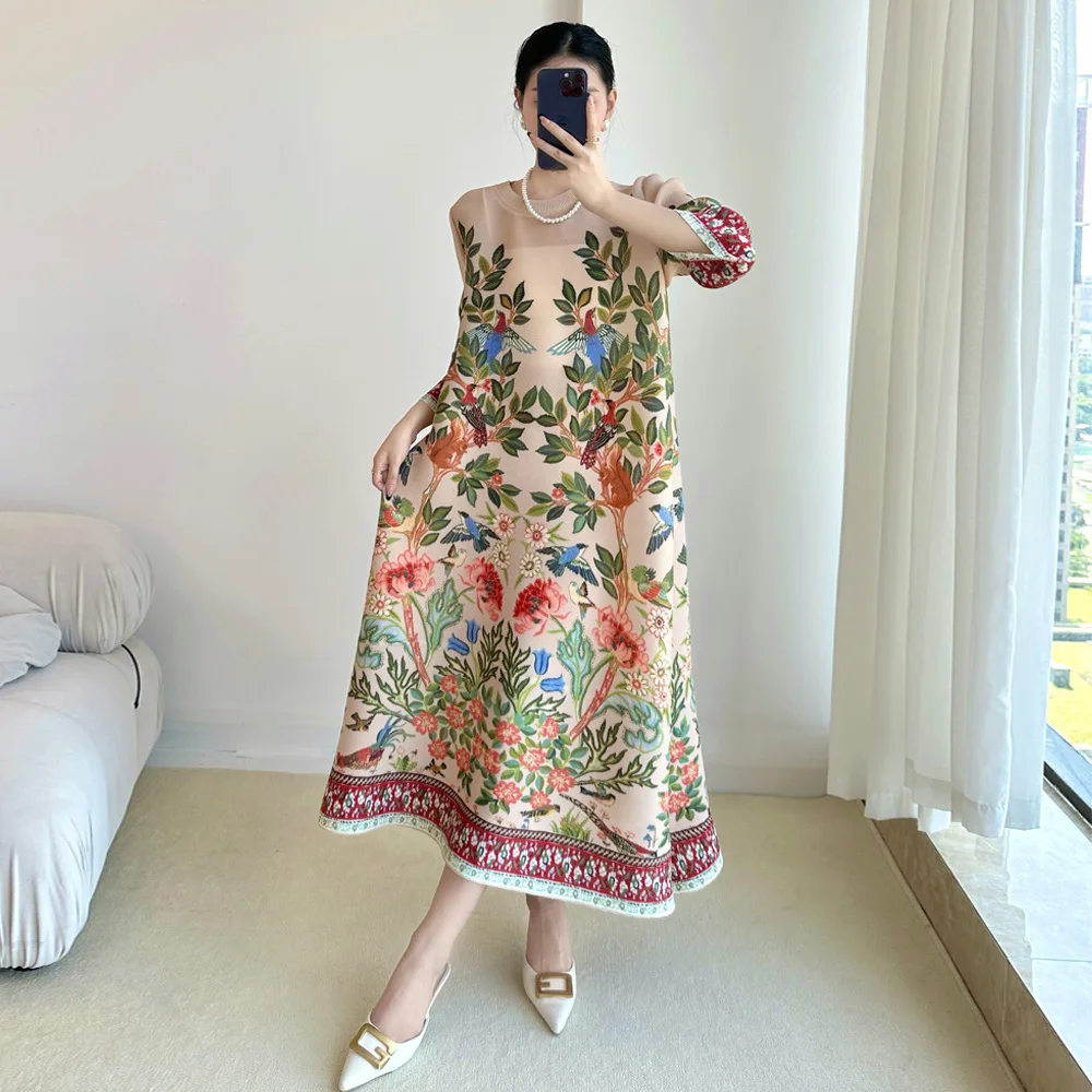 Summer Clothing Essentials Women - Miyake Vintage Baskı Elbise Yedi Kollu