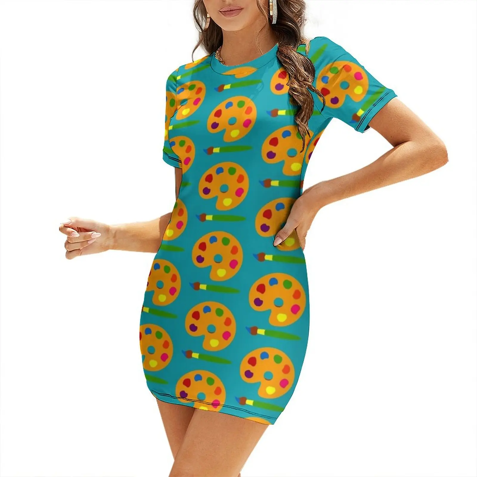 Summer Clothing Color Palette - Renkli Boya Paleti Kısa Kollu Elbise